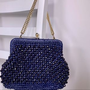 Vintage Navy Beaded Raffia Bag Purse w/Acorn clasp